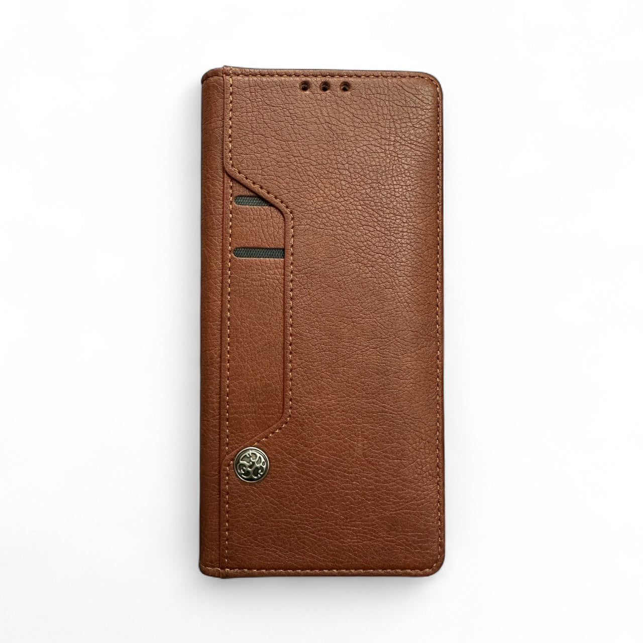 Brown leather phone case on a white background